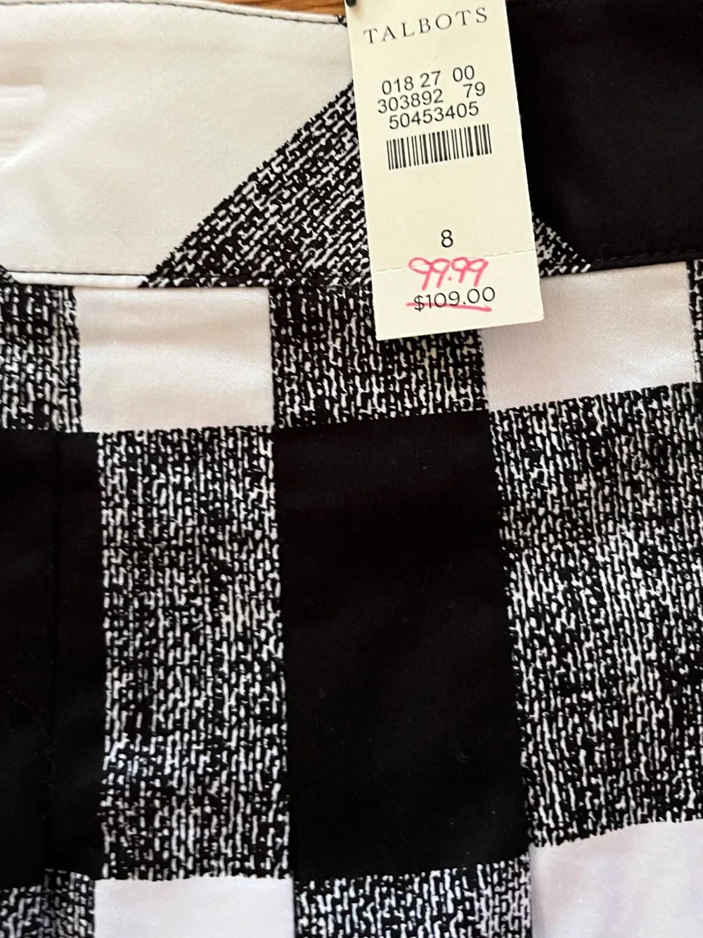 Talbots Buffalo Check Plaid Pleated A-Line Skirt Sz 8 Black White Cotton Blend